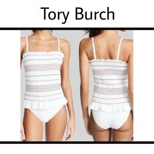 Tory Burch Swimsuit Costa One Piece Ivory Red Blue Sz Small NWT($258) #1273